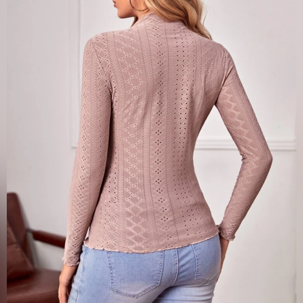 Maternity Medium Mock Neck Lettuce Trim Pointelle Knit Shirt Long Sleeve Shirts - Picture 3 of 9